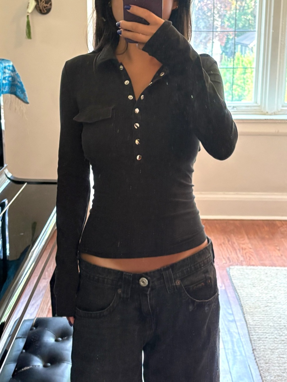 Vintage Club Monaco Washed Black Fitted Long Sleeve Polo Top Snap Clasp Buttons